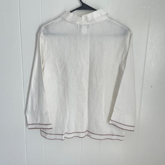 Linen Button Down Blouse S White Boxy Minimalist Coastal Stitch Trim NWT Capsule - Picture 2 of 8